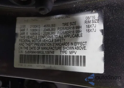 2016 Honda Cr-V Touring from USA, damaged, VIN 5J6RM4H96GL109748